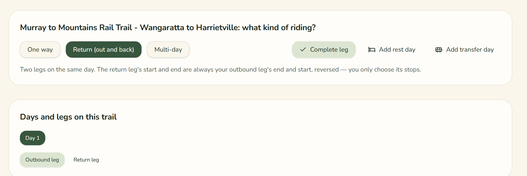 Return ride selected, showing an outbound leg and a return leg for Day 1