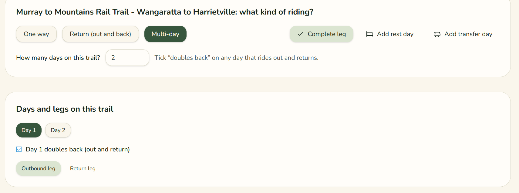 Multi-day ride selected with two days and a doubles back tick box on Day 1