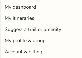 Account menu listing My dashboard, My itineraries, Suggest a trail or amenity, My profile and group, and Account and billing