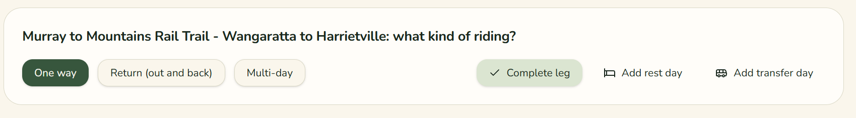 Riding type selector with One way, Return and Multi-day options