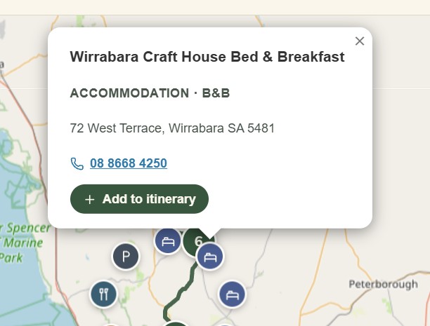 Map popup for Wirrabara Craft House Bed and Breakfast showing address, phone number and an Add to itinerary button