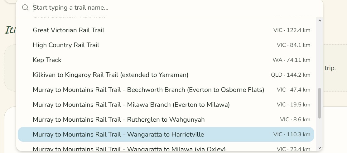 Trail drop-down list showing Australian rail trails with their state and length